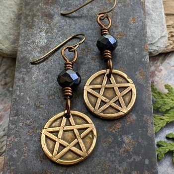 Pentagram Bronze Earrings, Pentacle, Wicca Pagan, Crystals Beads, 5 Elements, Witch Jewelry, Hypoallergenic Ear Wires, Soul Harbor Jewelry