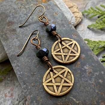 Pentagram Bronze Earrings, Pentacle, Wicca Pagan, Crystals Beads, 5 Elements, Witch Jewelry, Hypoallergenic Ear Wires, Soul Harbor Jewelry