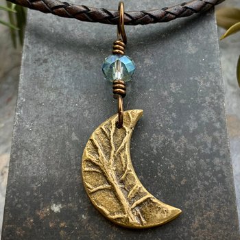 Crescent Moon Charm, Bronze Moon Necklace, Hand Carved Tree Branches, Celestial Jewelry, Pagan Wicca, Moon Goddess, Celtic Witch, Handmade