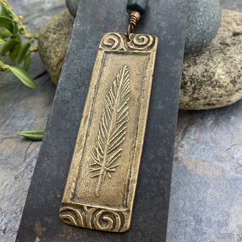 Bronze Feather Pendant, Connemara Marble, Celtic Spirals, Long Single Feather, Handmade, Art Jewelry, Long Necklace, Soul Harbor Jewelry