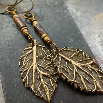 Birch Leaf Earrings, Bronze Leaves, Hand Carved Tree Branch, Czech Glass Beads, Pagan Wicca, Hypoallergenic Niobium, Soul Harbor Jewelry