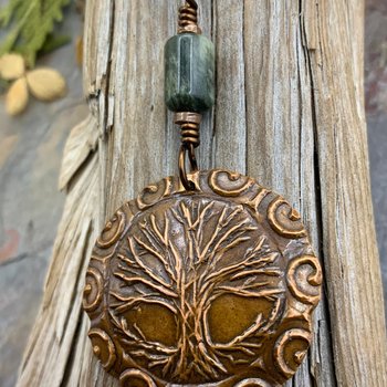 Celtic Tree of Life, Copper Pendant, Connemara Marble, Irish Celtic Jewelry, Crann Bethadh, 7th Wedding Anniversary, Hand Carved Art Jewelry