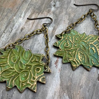 Lotus & Chain Earrings, Bronze Verdigris Patina, Large Statement Earrings, Hand Carved, Hypoallergenic Ear Wires, Handmade Art Jewelry