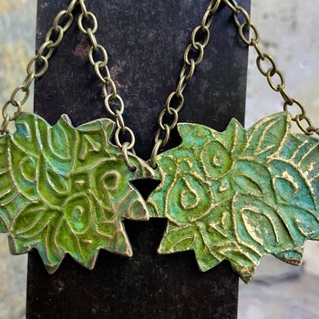 Lotus & Chain Earrings, Bronze Verdigris Patina, Large Statement Earrings, Hand Carved, Hypoallergenic Ear Wires, Handmade Art Jewelry