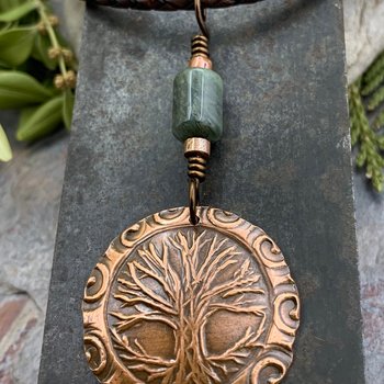 Celtic Tree of Life, Copper Pendant, Connemara Marble, Irish Celtic Spirals, Round Tree of Life, Crann Bethadh, Soul Harbor Jewelry, Artwork