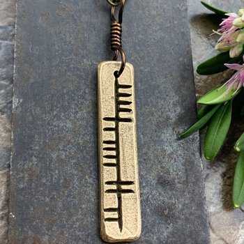 Hope Ogham Necklace, Bronze Bar Charm, Dóchas, Irish Celtic Gaelic, Hand Carved Ogham Art, Leather & Vegan Cords, Soul Harbor Jewelry