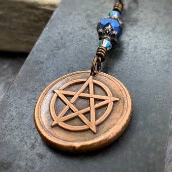 Pentagram Copper Charm, Pentacle Pendant, 5 Elements, Pagan Wicca Jewelry, Blue Crystal Beads, Leather & Vegan Cords, Handmade Art Jewelry