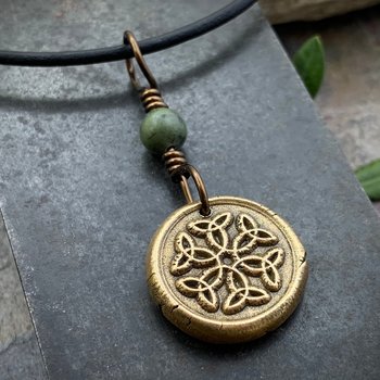 Trinity Knot Pendant, Bronze Wax Seal Charm, Connemara Marble, Irish Celtic, Leather & Vegan Cords, Triple Goddess, Handmade Art Jewelry