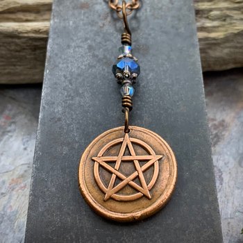 Pentagram Copper Charm, Pentacle Pendant, 5 Elements, Pagan Wicca Jewelry, Blue Crystal Beads, Leather & Vegan Cords, Handmade Art Jewelry