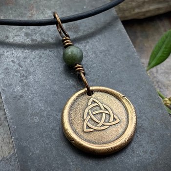 Bronze Trinity Knot, Triquetra, Wax Seal Charm, Connemara Marble, Irish Celtic Jewelry, Pagan, 8th Anniversary, Triple Goddess, Celtic Witch