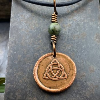 Trinity Knot Charm, Triquetra, Copper Wax Seal Charm, Connemara Marble, Irish Celtic, Leather & Vegan Cords, Handmade, Wired Bead Jewelry