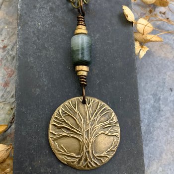Celtic Tree of Life Charm, Bronze Pendant, Connemara Marble, Irish Celtic Jewelry, Hand Carved Art, Crann Bethadh, Leather & Vegan Cords