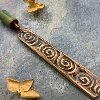 Celtic Spiral Necklace, Connemara Marble, Irish Celtic Jewelry, Celtic Witch Goddess, Celtic Shield, Long Copper Pendant, 7th Anniversary