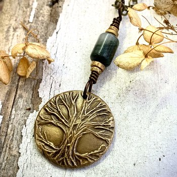 Celtic Tree of Life Charm, Bronze Pendant, Connemara Marble, Irish Celtic Jewelry, Hand Carved Art, Crann Bethadh, Leather & Vegan Cords