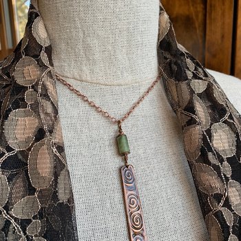 Celtic Spiral Necklace, Connemara Marble, Irish Celtic Jewelry, Celtic Witch Goddess, Celtic Shield, Long Copper Pendant, 7th Anniversary