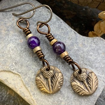 Scottish Thistle Earrings, Bronze Thistle of Scotland, Amethyst Beads, Hypoallergenic Ear Wires, Outlander Jewelry, Light Earrings, Handmade