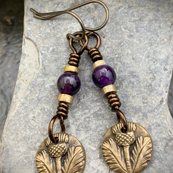 Scottish Thistle Earrings, Bronze Thistle of Scotland, Amethyst Beads, Hypoallergenic Ear Wires, Outlander Jewelry, Light Earrings, Handmade