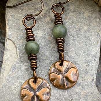 Shamrock Clover, Copper Earrings, Connemara Marble, Irish Celtic Jewelry, Tiny Copper Discs, Hypoallergenic Ear Wires, Handmade Art Jewelry