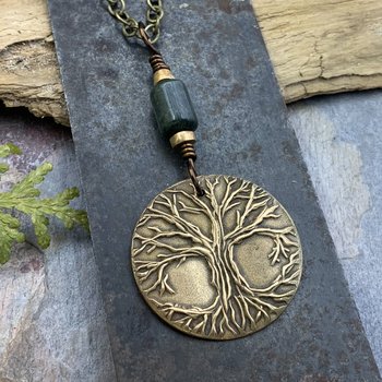 Celtic Tree of Life, Bronze Pendant, Connemara Marble, Irish Celtic Spirals, Round Tree of Life, Crann Bethadh, Hand Carved, Branches Roots
