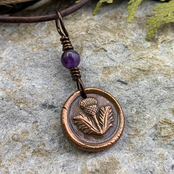 Thistle of Scotland, Copper Wax Seal Charm, Amethyst Bead, Scottish Thistle, Outlander Jewelry, Leather & Vegan Cords, Soul Harbor Jewelry