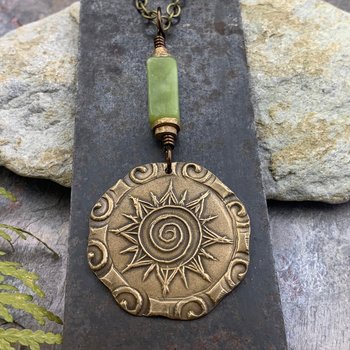 Celtic Sun Spiral Necklace, Bronze Sun Pendant, Connemara Marble, Irish Celtic Jewelry, Pagan Sun Necklace, Round Sun Charm, Long Chain, Art
