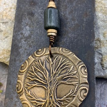 Celtic Tree of Life, Bronze Pendant, Connemara Marble, Irish Celtic Spirals, Round Tree of Life, Crann Bethadh, Hand Carved, Art Jewelry