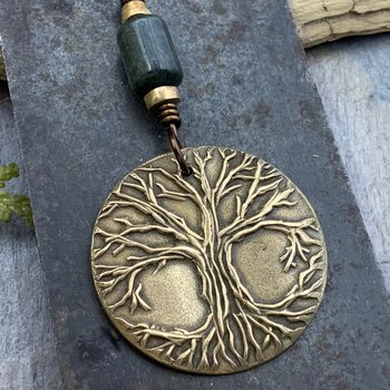 Celtic Tree of Life, Bronze Pendant, Connemara Marble, Irish Celtic Spirals, Round Tree of Life, Crann Bethadh, Hand Carved, Branches Roots