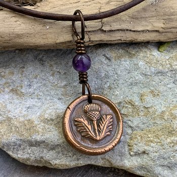Thistle of Scotland, Copper Wax Seal Charm, Amethyst Bead, Scottish Thistle, Outlander Jewelry, Leather & Vegan Cords, Soul Harbor Jewelry