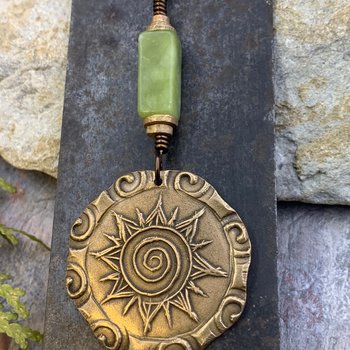 Celtic Sun Spiral Necklace, Bronze Sun Pendant, Connemara Marble, Irish Celtic Jewelry, Pagan Sun Necklace, Round Sun Charm, Long Chain, Art