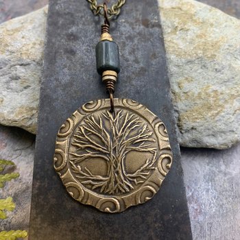 Celtic Tree of Life, Bronze Pendant, Connemara Marble, Irish Celtic Spirals, Round Tree of Life, Crann Bethadh, Hand Carved, Art Jewelry