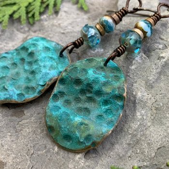 Bronze Wave Earrings, Colorful Verdigris Patina, Czech Glass Beads, Turquoise Blue, Earthy Boho Jewelry, Hypoallergenic, Handmade Art