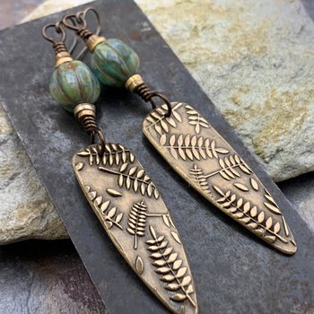 Fern Earrings, Bronze Shield Earrings, Teardrop Dangle, Botanical, Earthy Jewelry, Green Witch, Czech Glass Beads, Statement Earrings