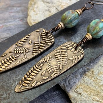 Fern Earrings, Bronze Shield Earrings, Teardrop Dangle, Botanical, Earthy Jewelry, Green Witch, Czech Glass Beads, Statement Earrings