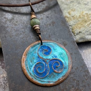 Triskele Copper Pendant, Verdigris Patina, Hand Carved, Connemara Marble, Triskelion Triple Spiral, Irish Celtic Pagan, Newgrange Ireland