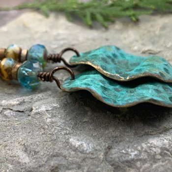 Bronze Wave Earrings, Colorful Verdigris Patina, Czech Glass Beads, Turquoise Blue, Earthy Boho Jewelry, Hypoallergenic, Handmade Art