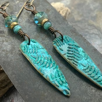 Bronze Fern Earrings, Verdigris Patina, Teardrop Dangle, Czech Glass Beads, Boho Hippie Style, Shield Earrings, Earthy, Soul Harbor Jewelry