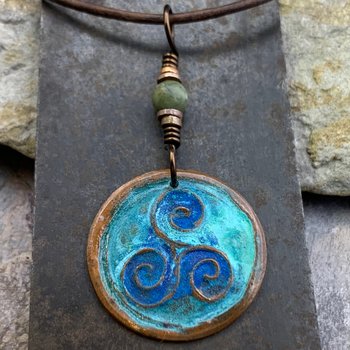 Triskele Copper Pendant, Verdigris Patina, Hand Carved, Connemara Marble, Triskelion Triple Spiral, Irish Celtic Pagan, Newgrange Ireland