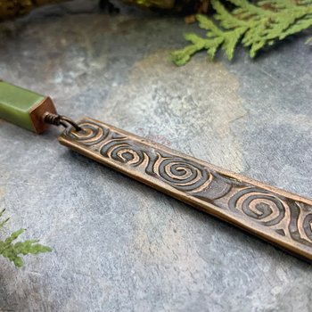 Copper Celtic Spiral Necklace, Connemara Marble, Irish Celtic Jewelry, Celtic Witch Goddess, Long Shield Pendant, Soul Harbor Jewelry