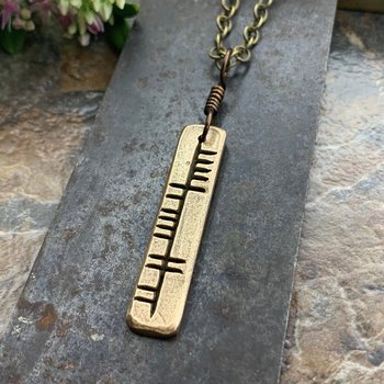 Hope Ogham Necklace, Bronze Bar Charm, Dóchas, Irish Celtic Gaelic, Hand Carved Ogham Art, Leather & Vegan Cords, Soul Harbor Jewelry