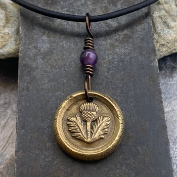 Thistle of Scotland Charm, Bronze Scottish Thistle, Amethyst Bead, Leather & Vegan Cords, Outlander Highlander, Handmade Art Jewelry,