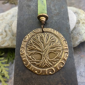 Celtic Tree of Life, Bronze Pendant, Connemara Marble, Irish Celtic Spirals, Round Tree of Life, Crann Bethadh, Hand Carved, Art Jewelry