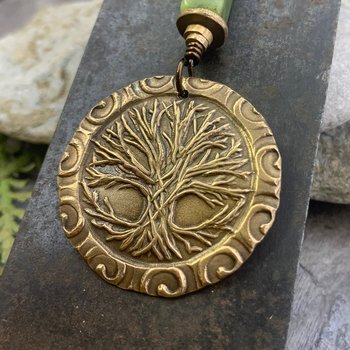 Celtic Tree of Life, Bronze Pendant, Connemara Marble, Irish Celtic Spirals, Round Tree of Life, Crann Bethadh, Hand Carved, Art Jewelry