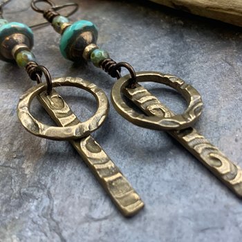 Bronze Hoop Earrings, Skinny Stick Earrings, Czech Glass Beads, Celtic Spirals, Bronze & Turquoise, Boho Earthy Art Jewelry, Handmade