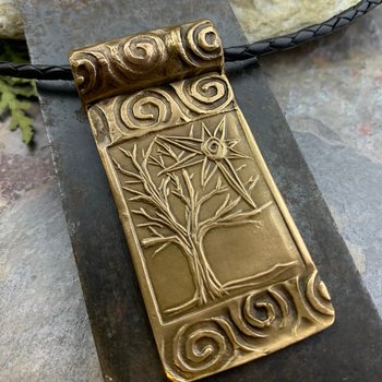 Celtic Tree of Life, Bronze Tree Sun Pendant, Irish Celtic Spirals, Hand Carved, Leather & Vegan Cords, Druid Pagan, Handmade Art Jewelry