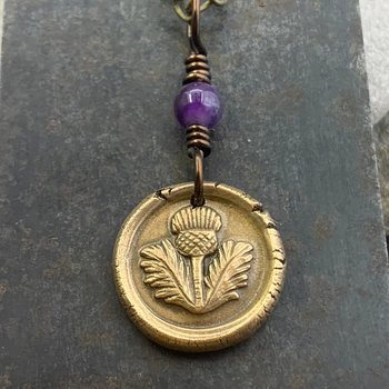 Thistle of Scotland Charm, Bronze Scottish Thistle, Amethyst Bead, Leather & Vegan Cords, Outlander Highlander, Handmade Art Jewelry,