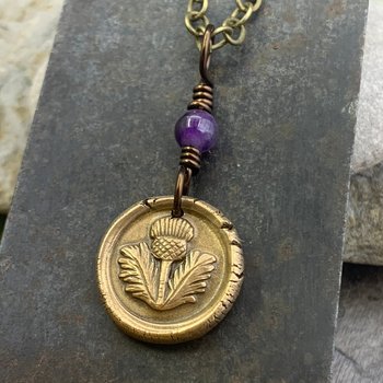 Thistle of Scotland Charm, Bronze Scottish Thistle, Amethyst Bead, Leather & Vegan Cords, Outlander Highlander, Handmade Art Jewelry,