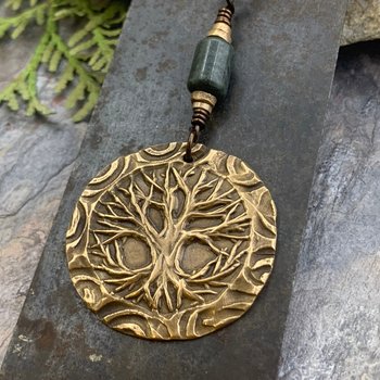 Celtic Tree of Life, Bronze Pendant, Connemara Marble, Irish Celtic Spirals, Round Tree of Life, Crann Bethadh, Hand Carved, Art Jewelry