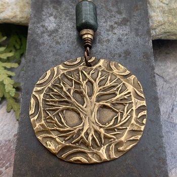 Celtic Tree of Life, Bronze Pendant, Connemara Marble, Irish Celtic Spirals, Round Tree of Life, Crann Bethadh, Hand Carved, Art Jewelry
