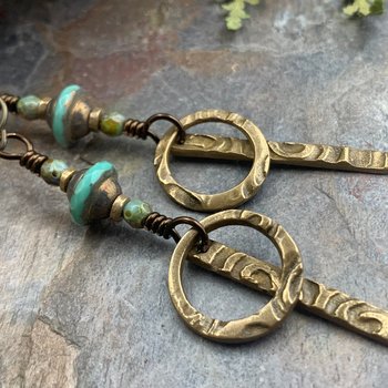 Bronze Hoop Earrings, Skinny Stick Earrings, Czech Glass Beads, Celtic Spirals, Bronze & Turquoise, Boho Earthy Art Jewelry, Handmade