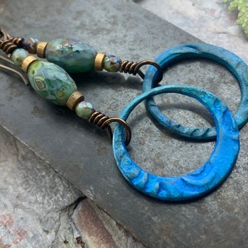 Bronze Hoop Earrings, Verdigris Patina, Czech Glass Beads, Hypoallergenic, Earthy Boho Jewelry, Aqua Turquoise Blue, Handmade Art Jewelry